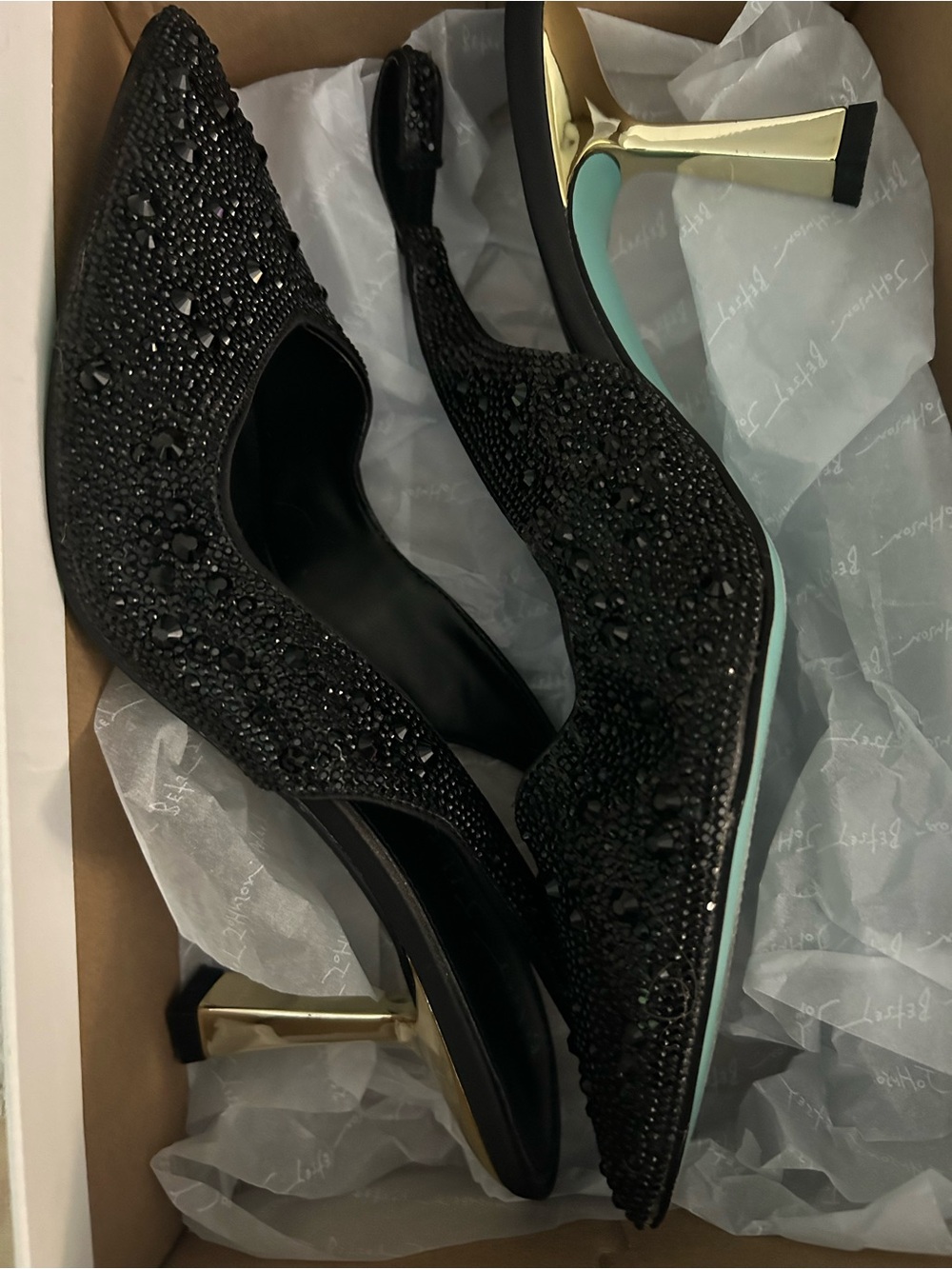 Betsey Johnson Black Crystal-Embellished Pointed Heels with Gold Stiletto